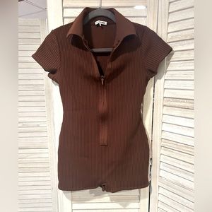 Brown Romper with Zipper in Front